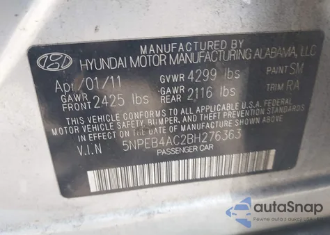 2011 Hyundai Sonata Gls from USA, damaged, VIN 5NPEB4AC2BH276363